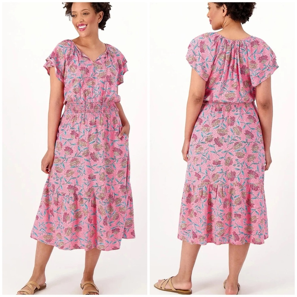 Destination 365 Printed Short Sleeve Midi Dress  Smocking Pink Medium Petite